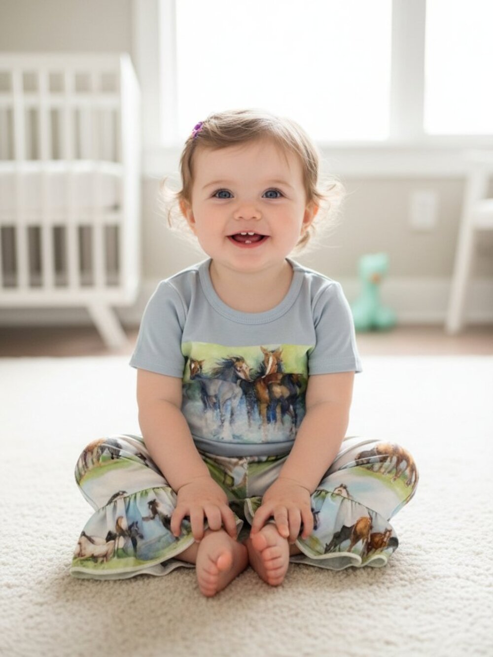 Baby Girls' Vintage Horse Outfit: Bell Bottom Pants & Retro Shirt